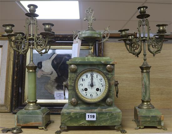 A green onyx clock garniture